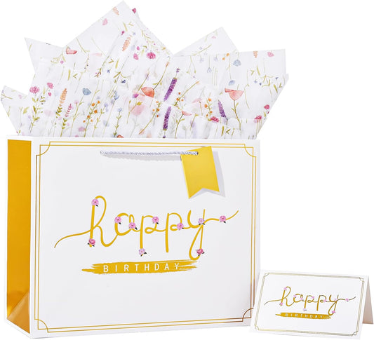 13" White Happy Birthday Gift Bag with Tissue Paper and Greeting Card for Party,Happy Birthday Gift Bag for Men and Women, Gift Bags Medium size (1 Pcs Hot Stamping)