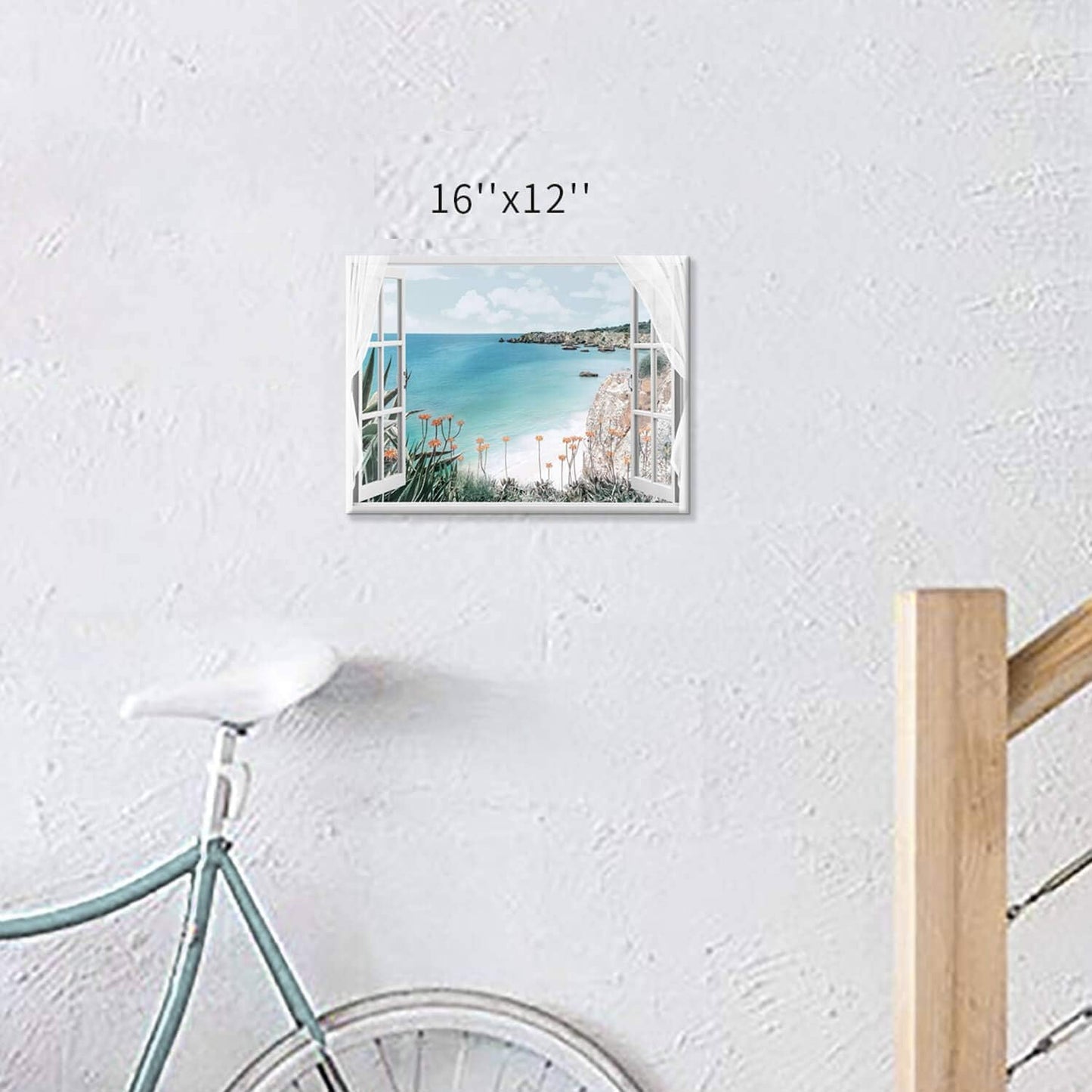 Hardy Gallery Coastal Painting Seascape Wall Art: Open Window View Picture Blue Ocean & Beach Artwork on Canvas for Bedroom (16'' x 12'' x 1 Panel)