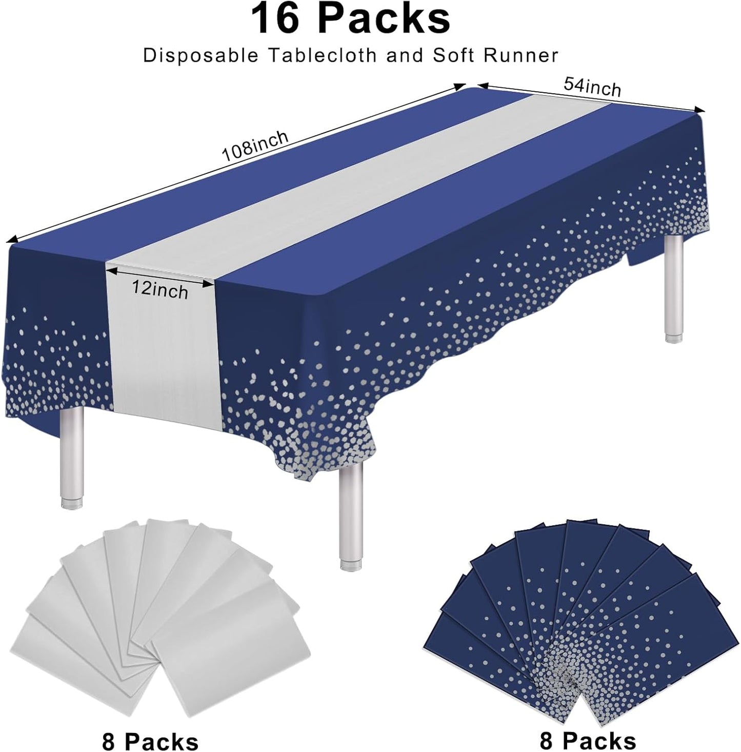 16 Packs Disposable Rectangle Tablecloth and Satin Table Runner, Blue and Silver Plastic Table Cloths for Parties Table Cover for Baby Shower Birthday Wedding Anniversary Christmas Party Decorations
