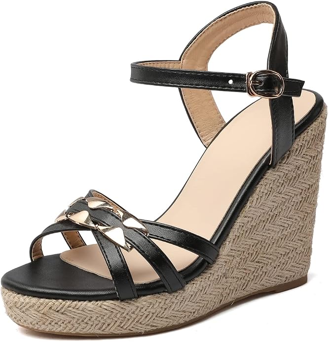 VOKLIN Women's Casual Espadrilles Wedge Sandals Open Toe Ankle Strap Metallic by VOKLIN