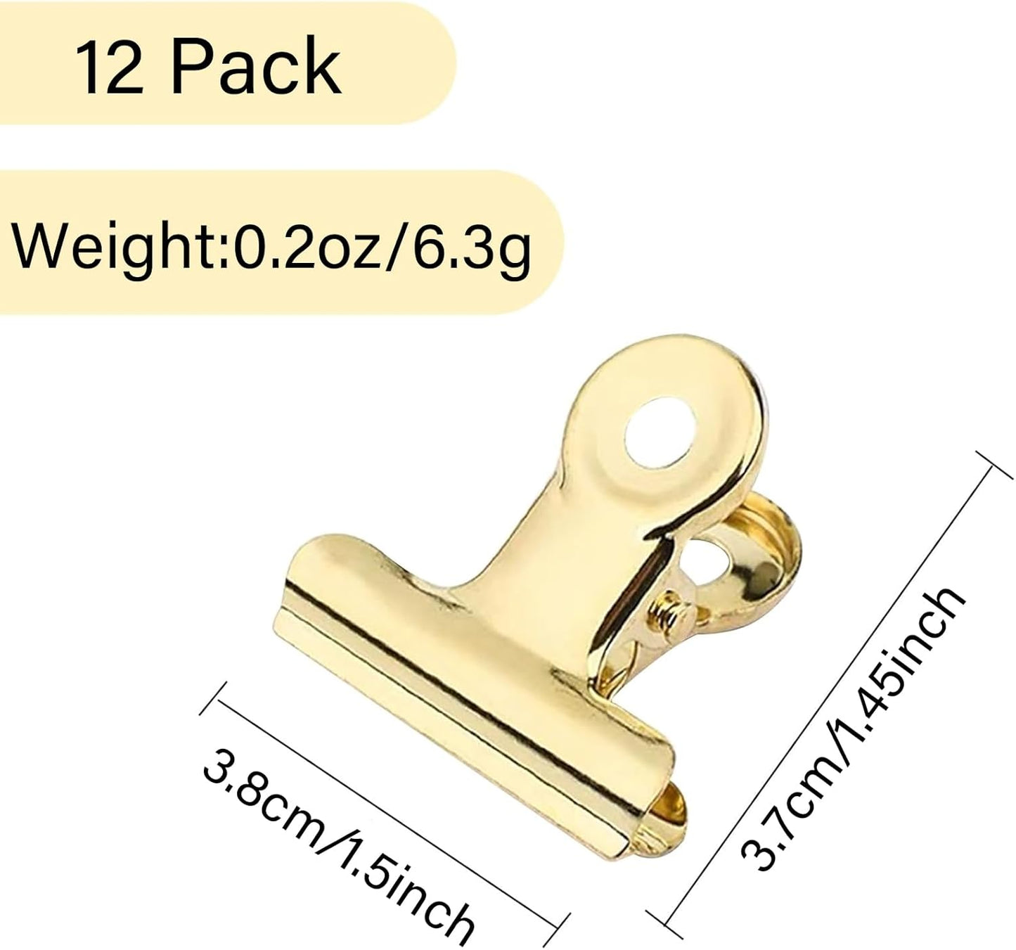 12 Pack Bulldog Clips with Push-pins for Corkboard,Metal Clips for Crafts, Metal Binder Clips for Pictures, Spring Paper Clamps for Office Documents (Gold,1.5inch)