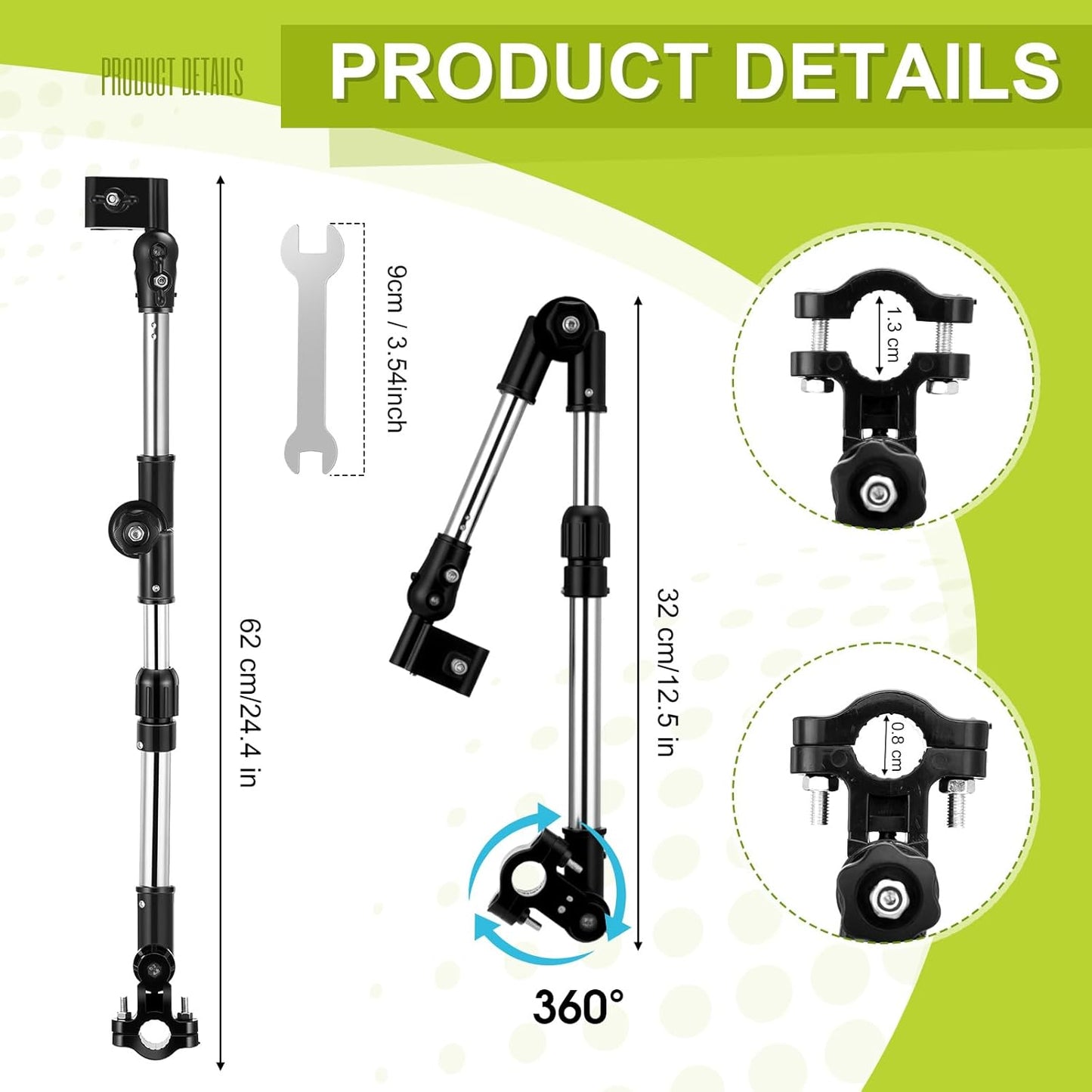 2 Set Adjustable Umbrella Clamp for Chair and Wrenches Universal Clip on Wheelchair Umbrella Mount Holder for Stroller, Golf Cart, Beach Chair, Bicycle, Bleacher, Patio, Fishing