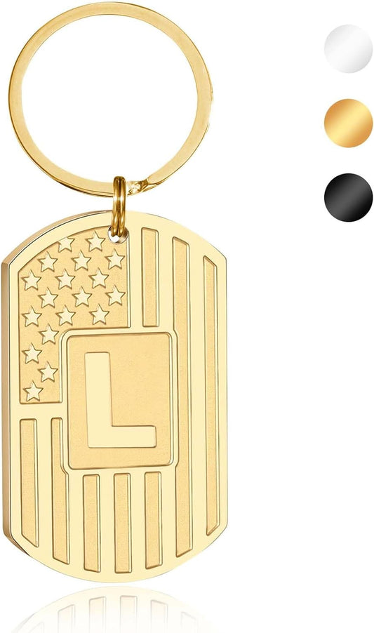 Initial Keychain Gifts for Men,A-Z Letter American Flag Dog Tag Stainless Steel Keychain,Mens Accessories Gift