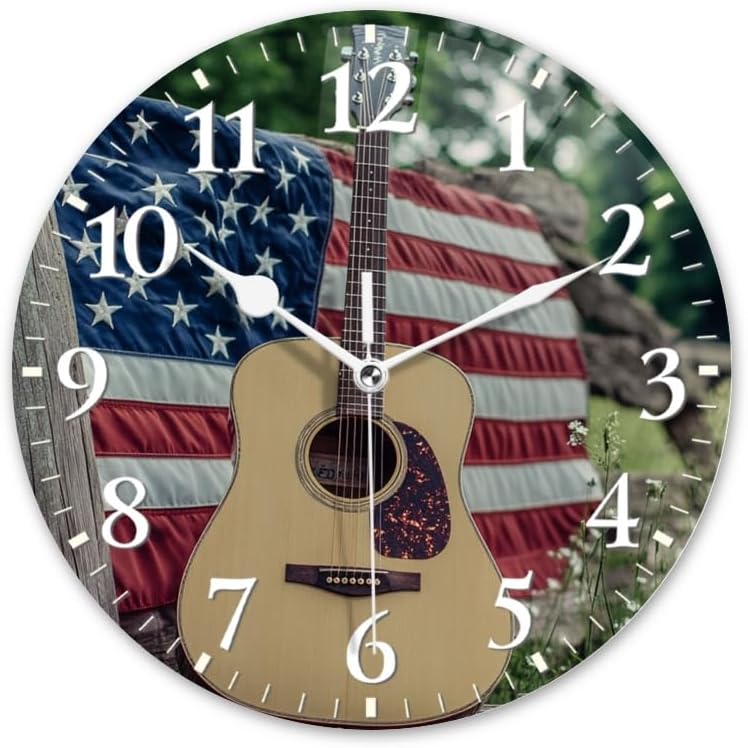 Guitar Wall Clock Non-Ticking Silent Clocks Battery Operated Analog Decor Clock for Home-Guitars Sitting On Fence with American Flag(16inch)