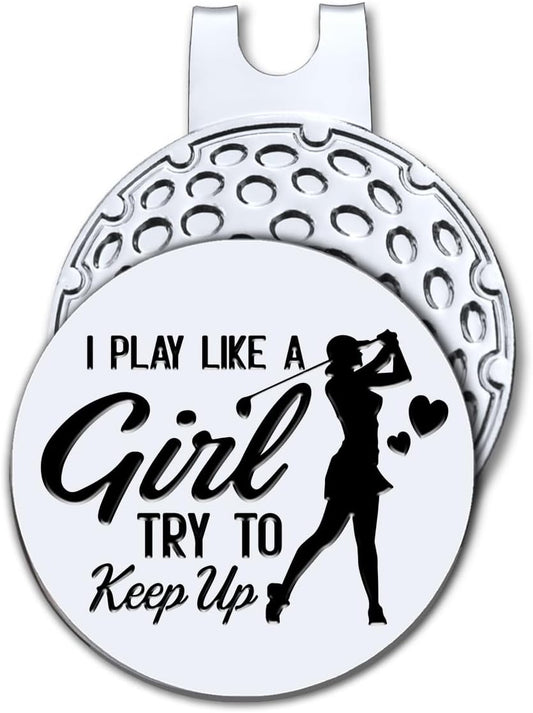 Hafhue I Play Like A Girl Try to Keep Up Golf Ball Marker with Magnetic Hat Clip, Funny Golf Accessories and Golf Gifts for Women Her Wife Daughter, Birthday for Golfer Golf Lovers