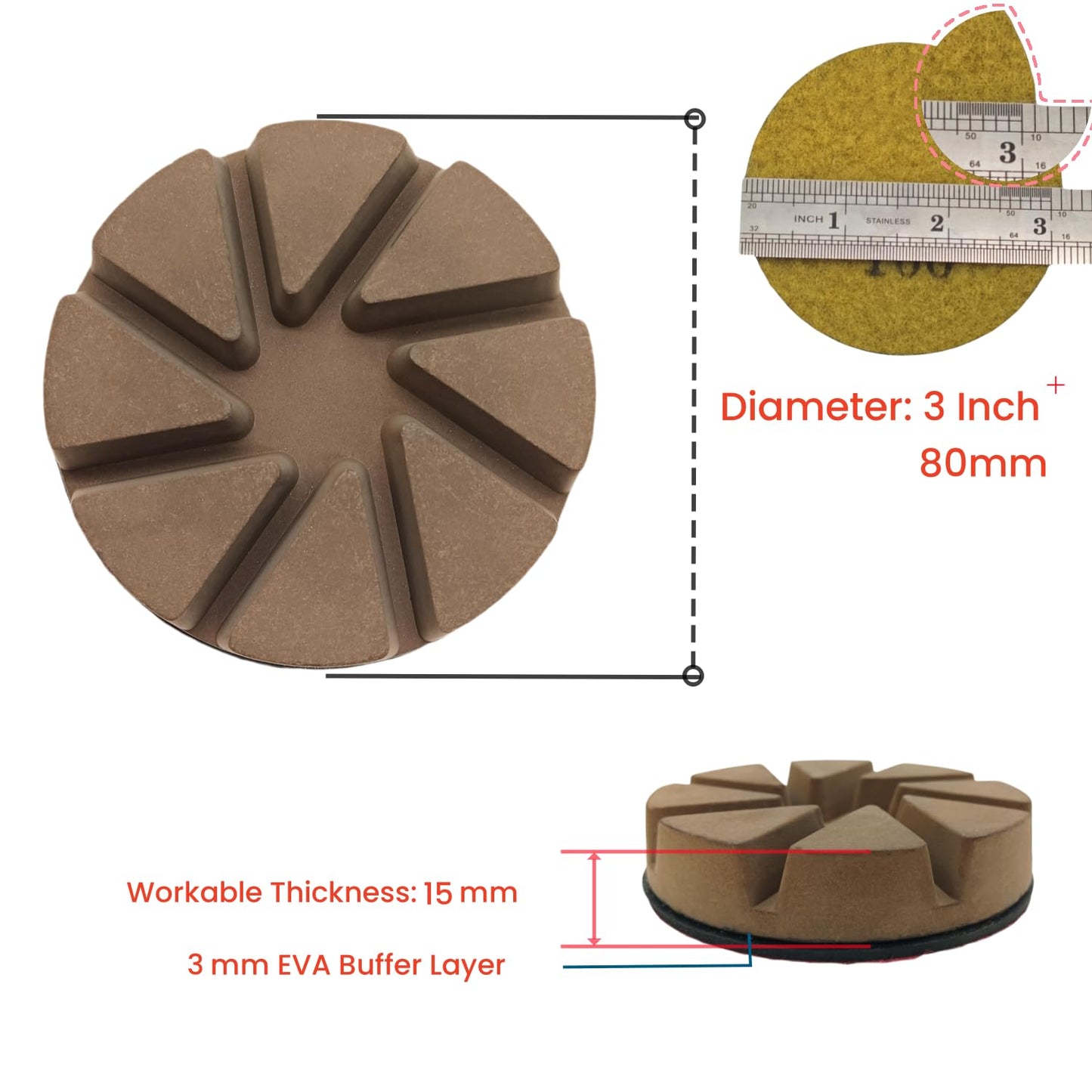 Hybrid Diamond Ceramic Polishing Pucks, Aggressive Concrete Terrazzo Floor Hook n Loop Grinding Pads, 3 Inch Long Using Life Transitional Discs,400# 9PCS