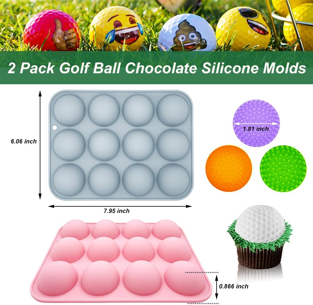 2 Pack Golf Ball Chocolate Silicone Molds 3D Golf Ball Mold for Cake Pops Chocolate Bomb Cake Decorations Mousse Pastry Handmade Soap Cupcake Topper