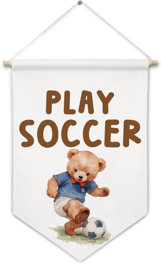 ArtisaEura Bear Nursery Wall Canvas Banners, Bear Nursery Decor, Play Soccer Hanging Display Pennant Banner Flags, Play Room Wall Decor for Kids Toddler Boys Room Bedroom Playroom