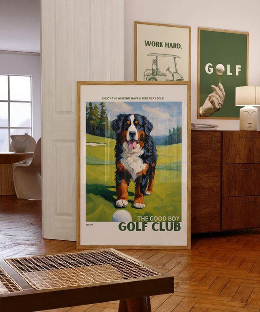 Golf Wall Art Print, Bernese Mountain Dog on Golf Course, Colorful Impasto Painting, Trendy Sports Poster, Unique Golf Course Poster for Collectors and Sports Fans, Home Decor (Unframed) (9x11)