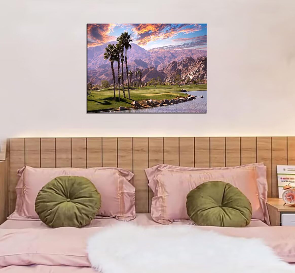 HJY Art USA California Golf Course Wall Art Golf Course Canvas Wall Decor Sunset Landscape Painting Poster for Home Decor Living Room Bedroom Office Club Gym Framed Artwork (28 x 44 inch)