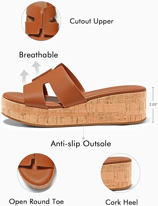 Coutgo Women's Platform Wedge Sandals Open Toe Slip On Slides Cork Heeled - Image 3