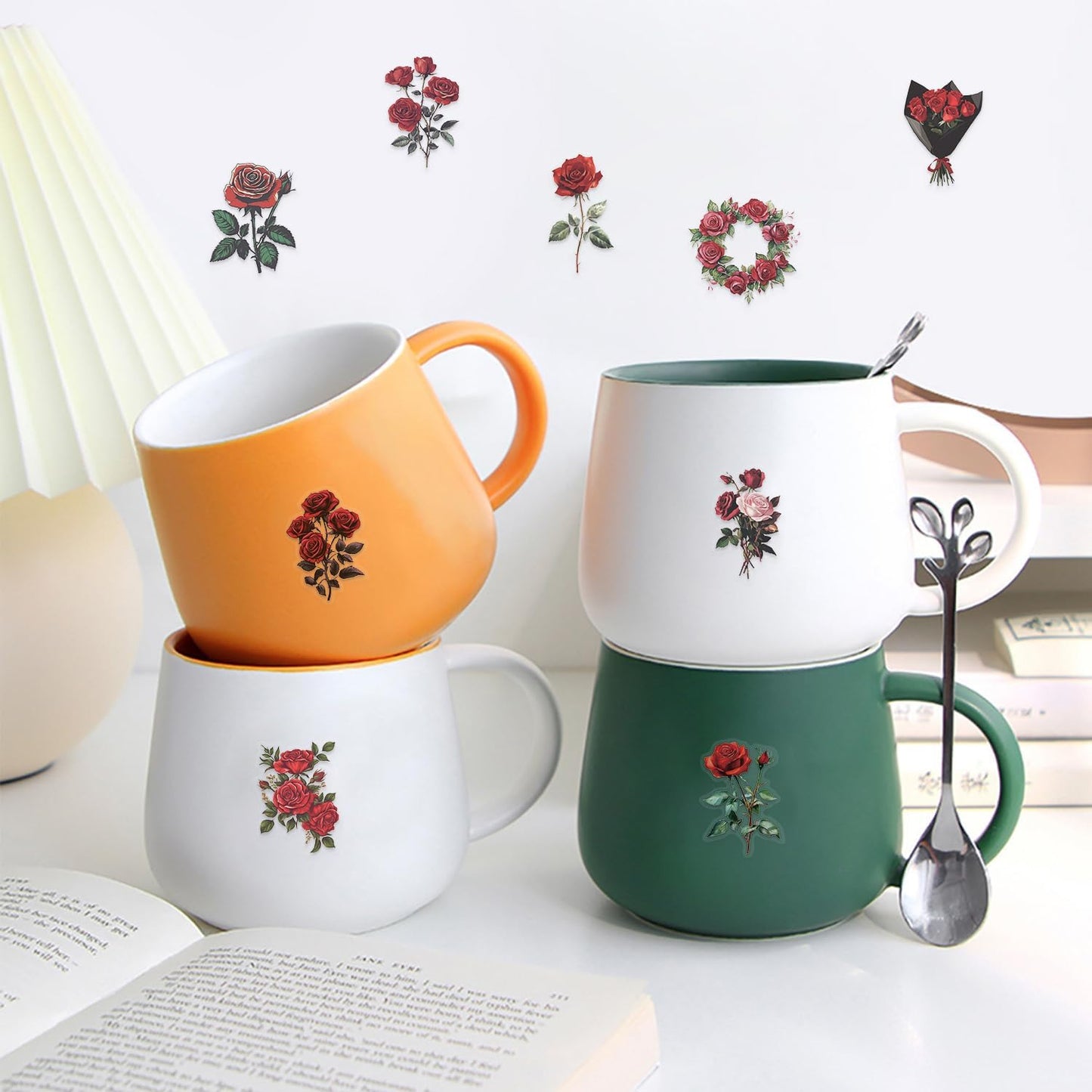 200 Pcs Natural Flower Stickers for Scrapbooking, Self-Adhesive Transparent Floral Stickers in 4 Colors, Journaling Supplies for Adult Card Making, Water Bottle Decoration (Vintage Rose)