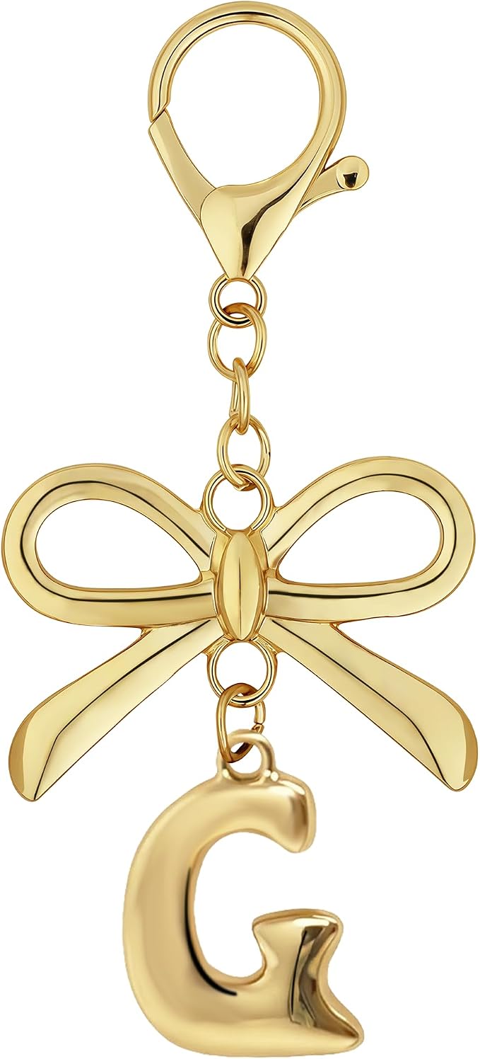 Gold Bubble Heart, Bow & More Designs Letter Initial Keychain Bag Charms – Cute by BydGxy