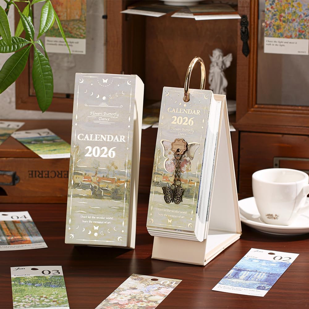 2026 calendar desk calendar 2026 January-December Calendar - Oil Painting Themes with Inspiring Quotes for Each Page, 8.7" x 4" Desk Planner for Office Home Planning & Organizing