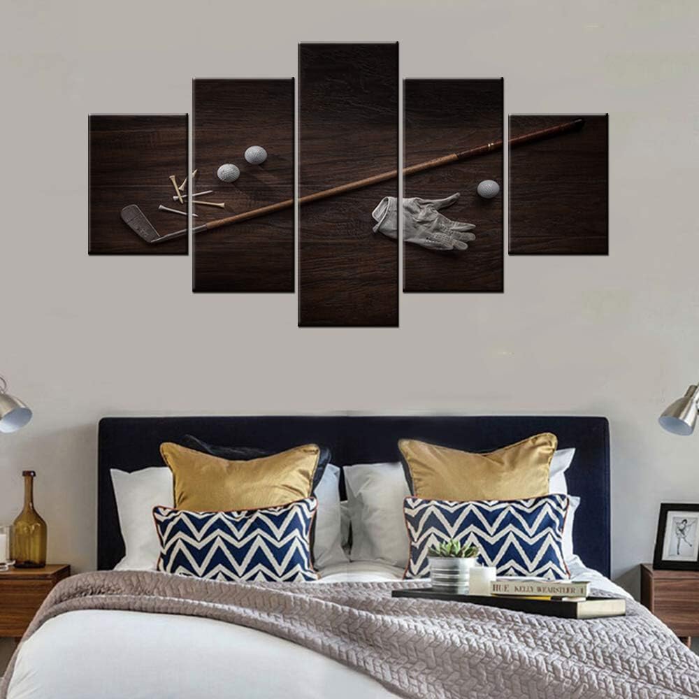 House Decorations Living Room Vintage Golf Club Pictures White Ball Paintings 5 Piece Prints on Canvas Golfing Wall Art Contemporary Artwork Wooden Framed Gallery-Wrapped Ready to Hang(60''Wx32''H)