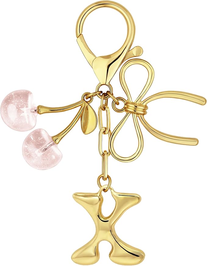 Gold Bubble Heart, Bow & More Designs Letter Initial Keychain Bag Charms – Cute by BydGxy