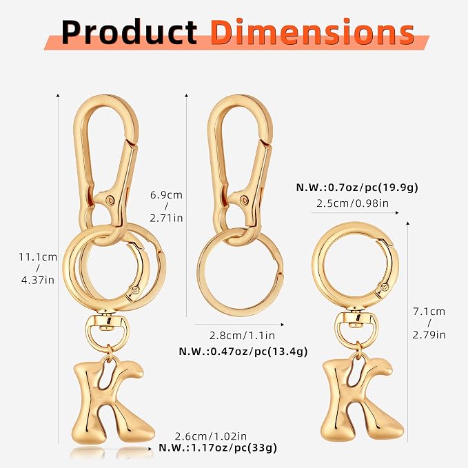 Gold Bubble Heart, Bow & More Designs Letter Initial Keychain Bag Charms – Cute - Image 5