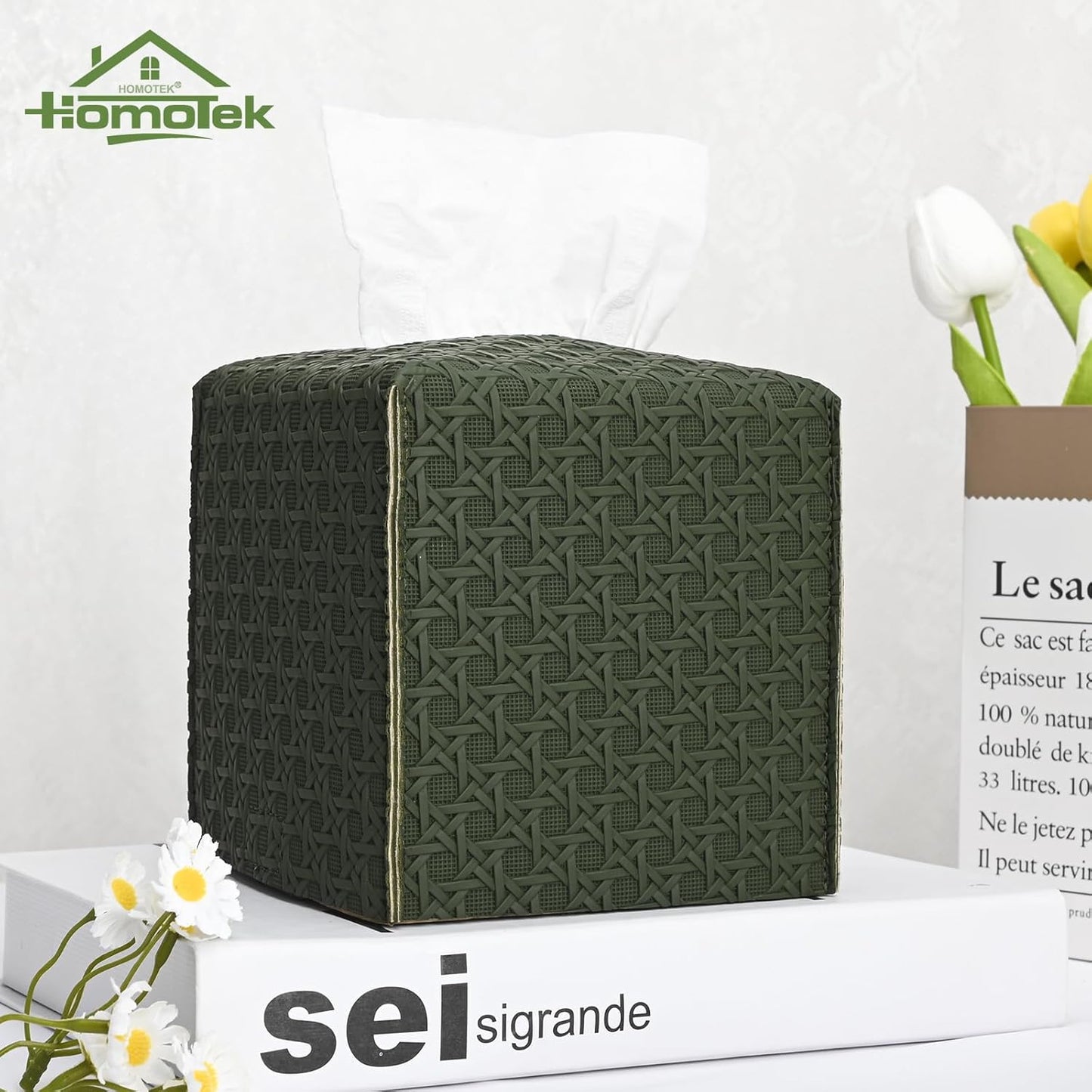 HOMOTEK 2 Pack Tissue Box Cover, Square PU Leather Tissue Holder, Decorative Facial Tissue Cube Paper Organizer Dispenser for Bathroom, Night Stands, Desk, Car 5X5X5'' - Rattan Weave,Emerald Green