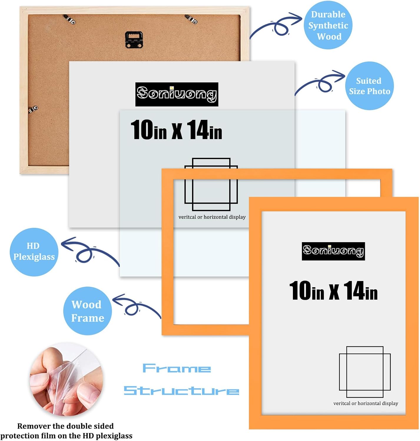 10x14 inch Wood Picture Frames for Wall Hanging,Diamond Painting Frames Rectangle Baby Scan Picture Frame for Family Walls Decoration,Anniversary,Wedding,Christmas,Halloween,Shower,Certificate (Orange)