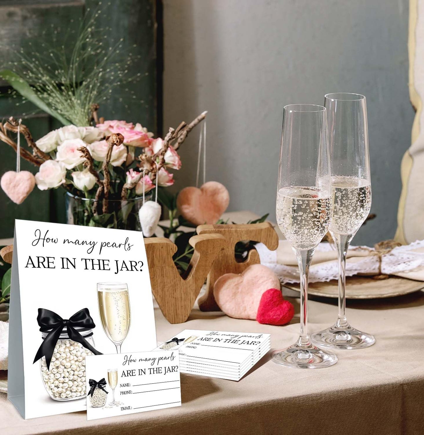 Guess How Many Cards, Bridal Shower Decorations, Guess How Many Pearls Are in the Jar, Party Games & Activities, 50 Cards and Sign
