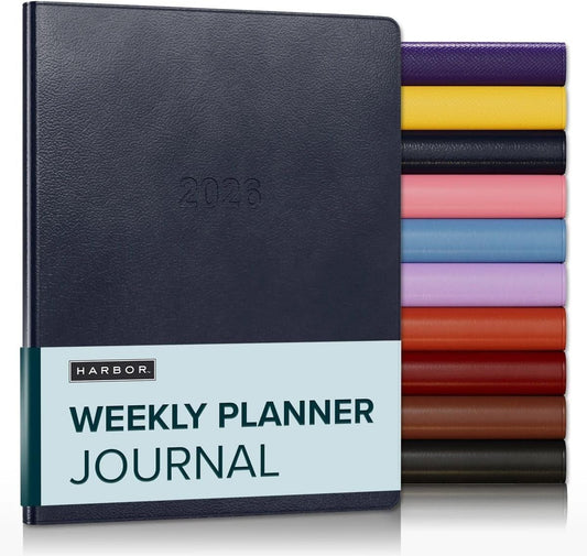 Harbor Weekly Journal Notebook Planner 2025-2026 - Lined, Durable Faux Leather, Softcover, 176 Quality Pages, For Men and Women, For Writing, Work & Travel, Leida Navy - 9x7"