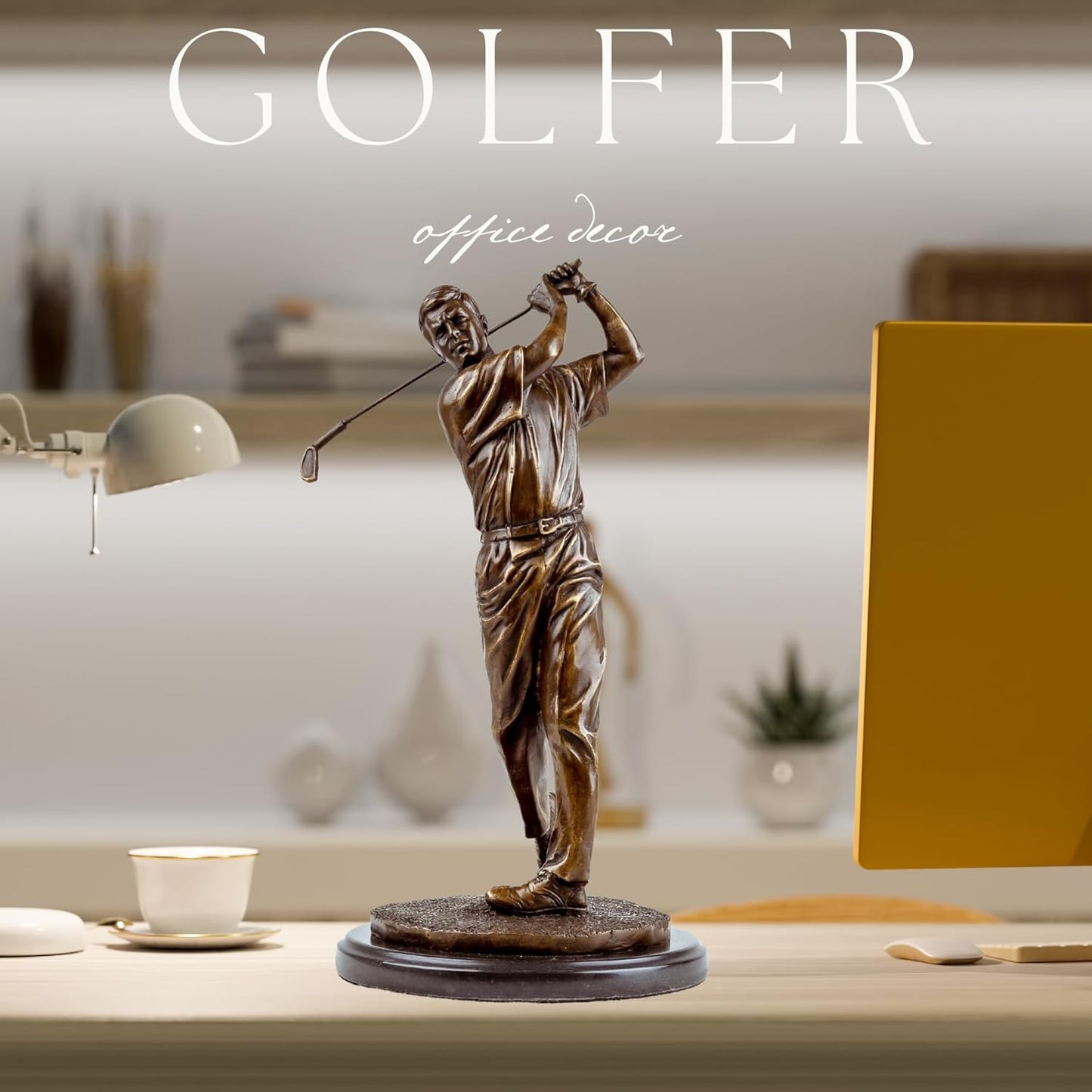 14.6'' Modern Golf Man Statue Bronze, Bronze Golfer Figurine Sculpture Ornament with Marble Base