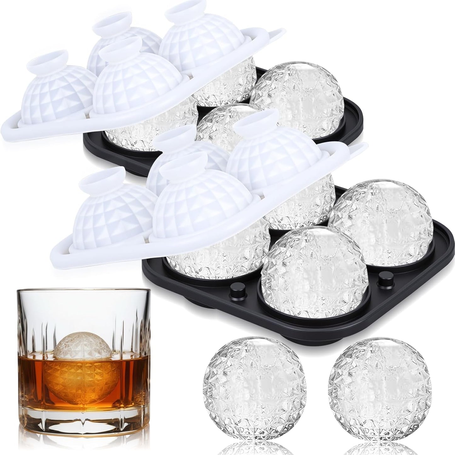 Hoolerry 2 Pcs Silicone Ice Cube Tray Large Square Sphere Golf Ice Tray 4 Hole Fun Shapes Big Ices Cube Mold with Funnel for Whiskey Cocktails Bourbon Chilling White Elephant Gifting(Round)
