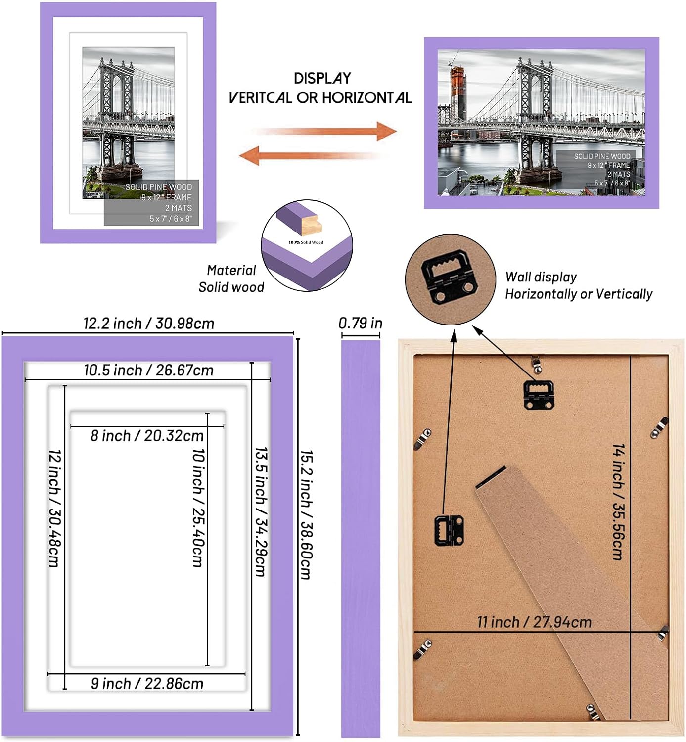 11x14 Solid Wood Picture Frames with 2 Mats for Wall Mounting or Table Top (Purple)