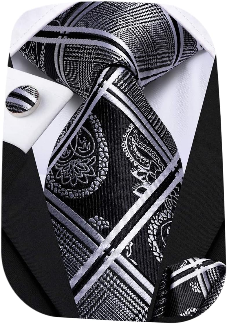 Hi-Tie Men 63inches Tie Set Extra Long Necktie Paisley Tie Pocket Suqare Cufflinks Big and Tall Men Tie