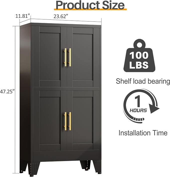 47“H Black Metal Bathroom Storage Cabinet, Kitchen Pantry Cabinet - Image 2