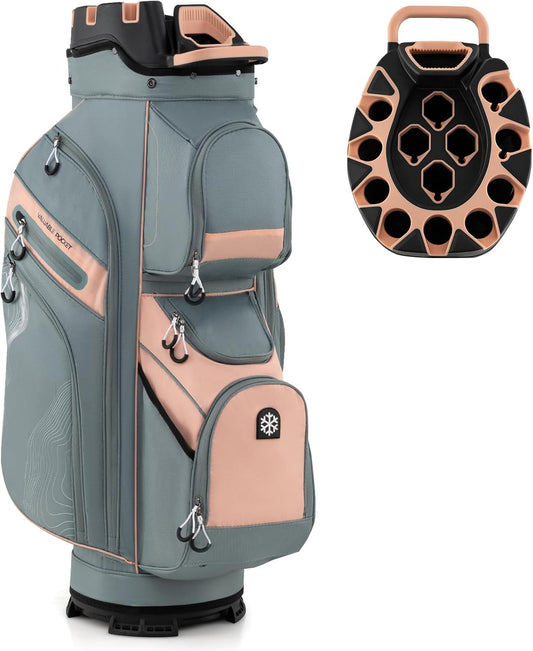 Goplus Lightweight Golf Cart Bag, Molded Lock Top Golf Club Bag w/14-Way Full Length Organizer Dividers, 11 Pockets, Cooler Bag, Straps, Umbrella Holder & Rain Hood for Men Women
