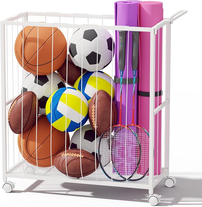 Ball Storage Bin Rolling Sports Ball Cart, Metal Garage Organizer Sport Rack by Homsorout