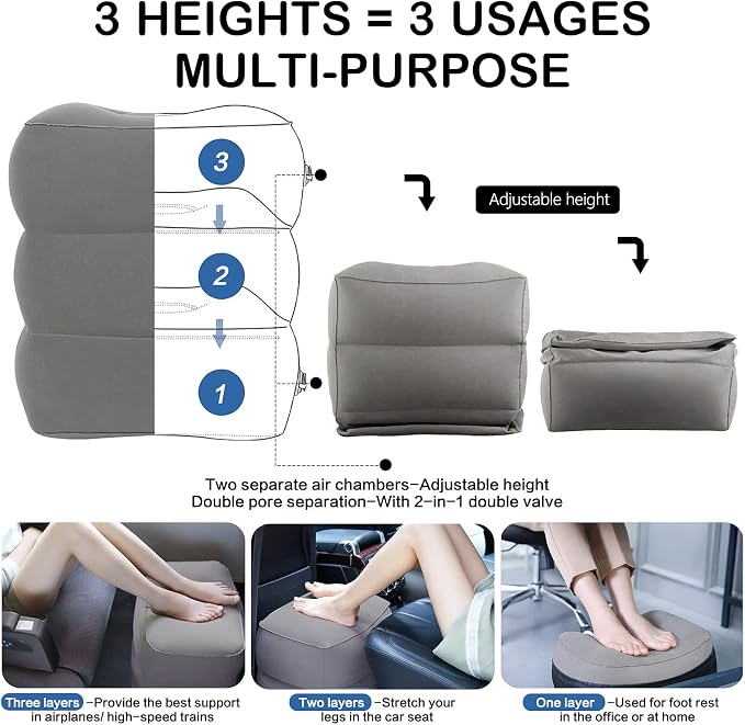 JefDiee Inflatable Foot Rest Pillow, Kids Airplane Bed, Adjustable 3 Layers - Image 2