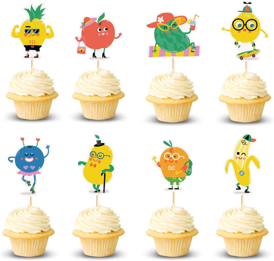 24pcs Fruit Cupcake Toppers Anthropomorphic Fruit Theme Kawaii Watermelon Apple Banana Lemon Pineapple Strawberry Cupcake Picks for Kid Baby Shower Summer Decorations