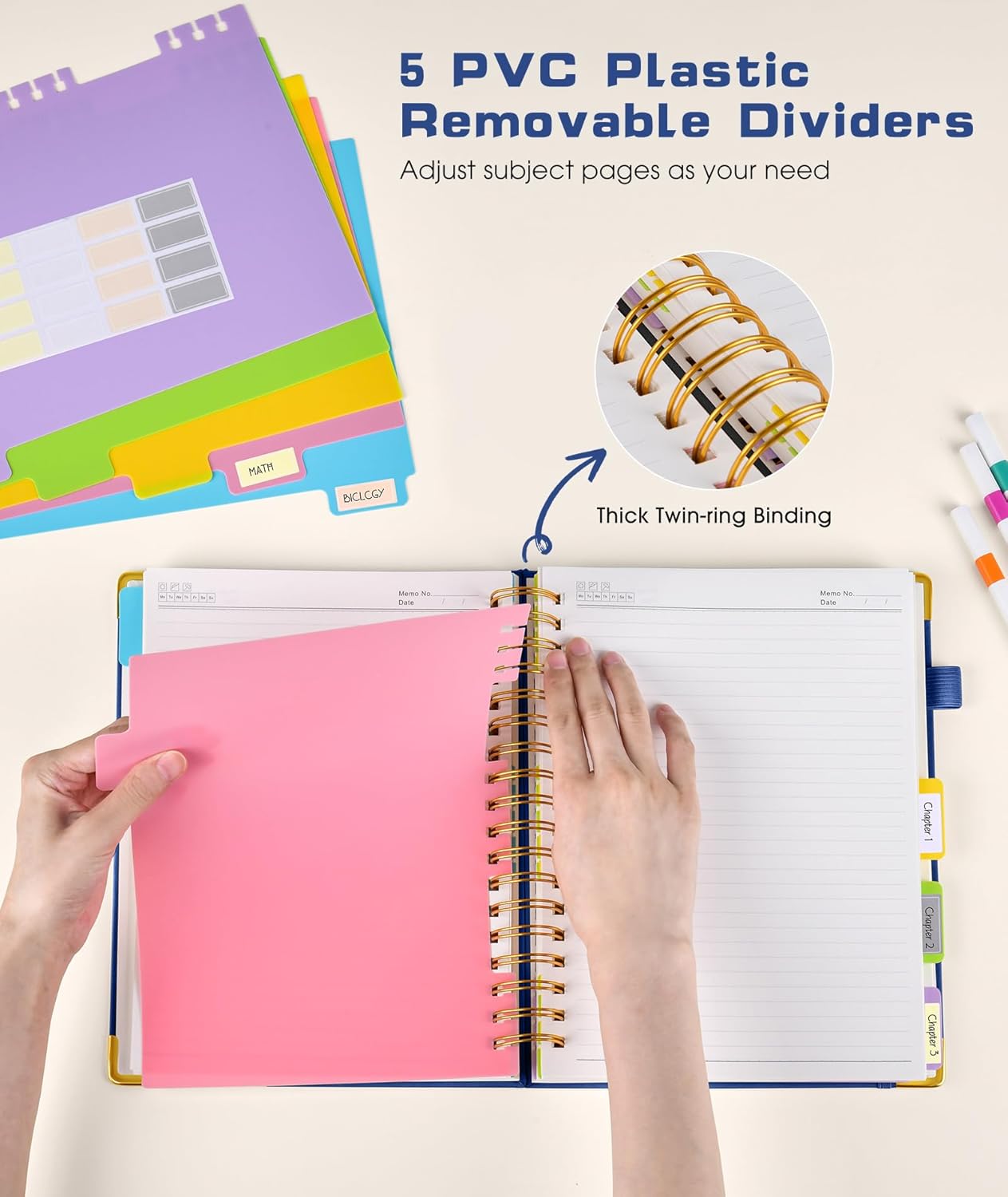 Hardcover Spiral Notebook journal with Removable Dividers Tabs, 300 Pages Leather 5 Subject Notebook College Ruled, 8"x10" Large B5 Notebooks for Work School Note taking, Lined Journal for Women,Navy