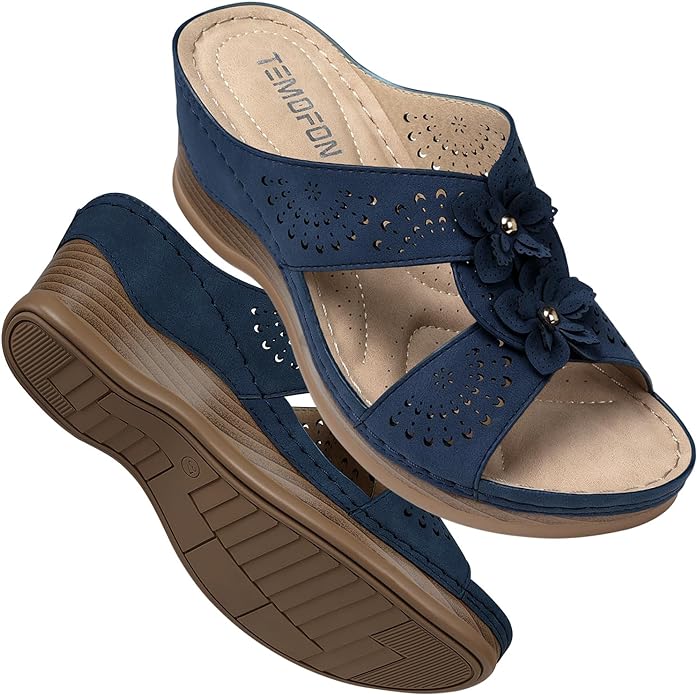 TEMOFON Womens Wedge Sandals Leather: Dressy Sandal, Rubber Sole, Comfortable by Temofon