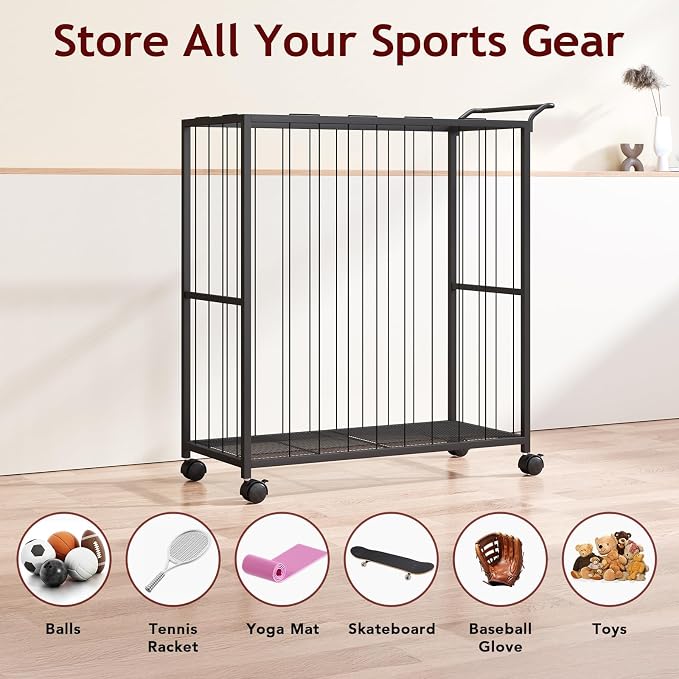 Ball Storage Bin Rolling Sports Ball Cart, Metal Garage Organizer Sport Rack - Image 4