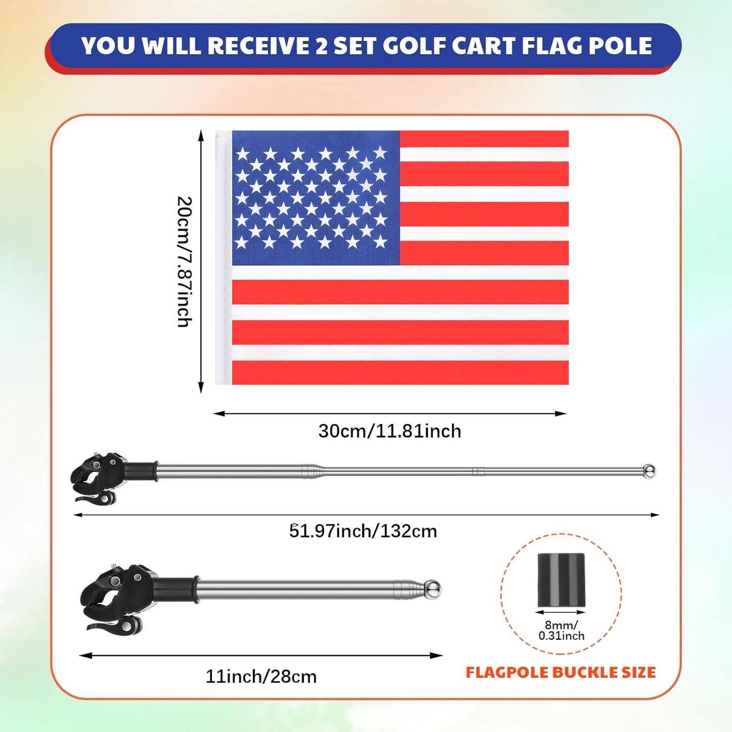 Hicarer 2 Set Reflective Golf Cart Flag Pole Kit Golf Cart Flag Holder Accessories Orange Safety Mount with Reflective Stripe Adjustable Height Flagpole Wheelchairs