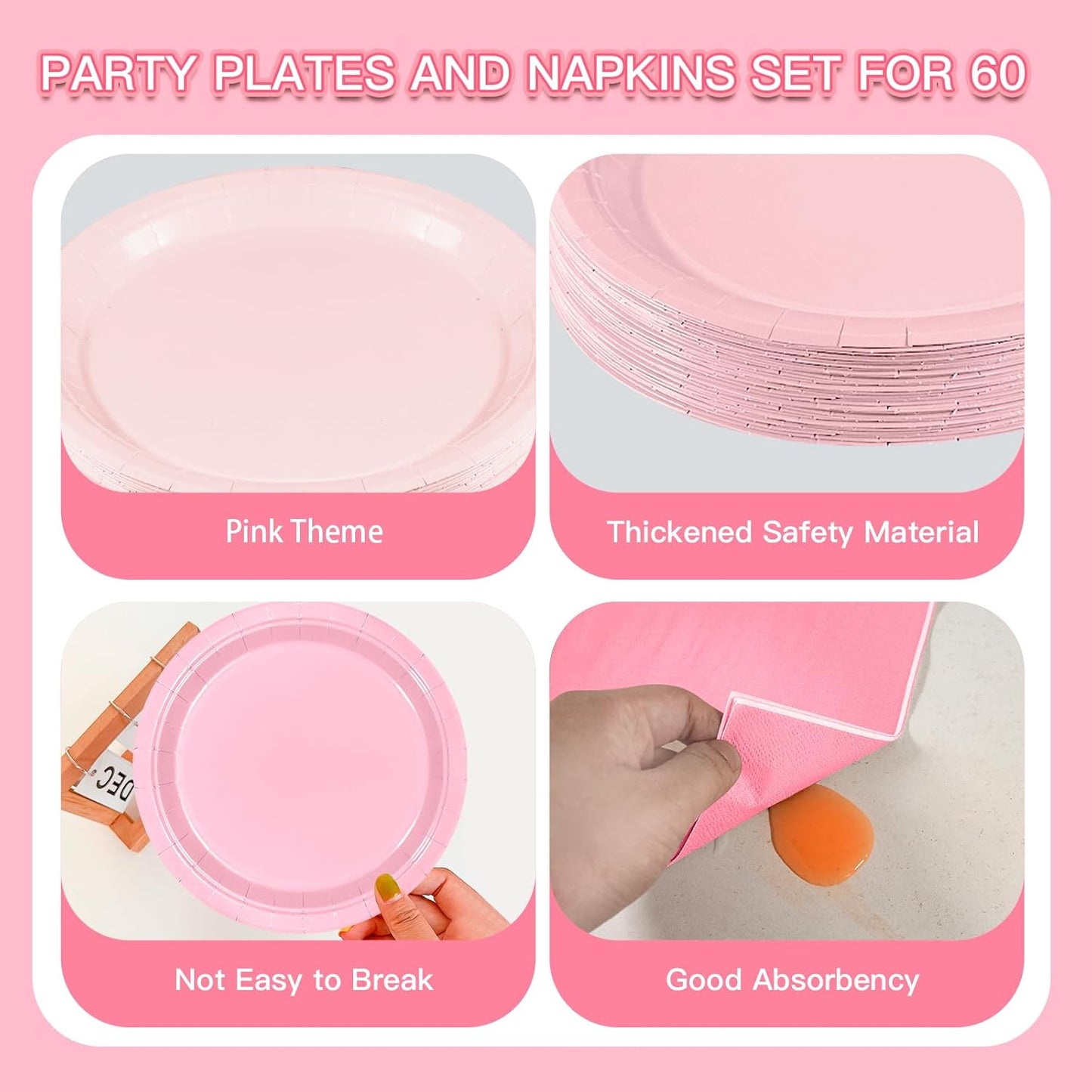 180Pcs Pink Paper Plates Party Supplies Boho Paper Plates and Napkins Serve 60 Disposable Tableware Set for Birthday Party Decorations Game Day Family School Holiday Sports Events
