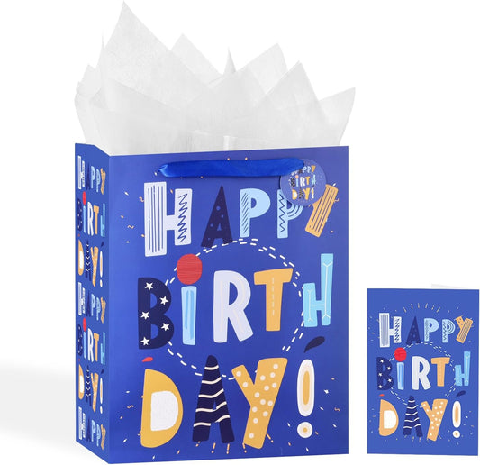 13" Blue Happy Birthday Bag with Tissue Paper and Greeting Card for Party,Happy Birthday Gift Bag for Kids, Boys, Girls, Baby Boy,Men Women,Gift Bags Medium size (1 PCS Blue, Kids Gift Bag)