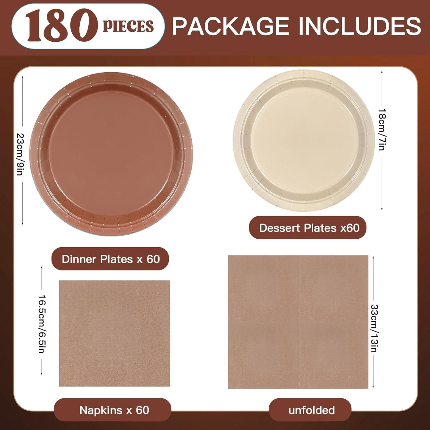 180Pcs Brown Paper Plates Party Supplies Boho Paper Plates and Napkins Serve 60 Disposable Tableware Set for Birthday Party Decorations Game Day Family School Holiday Sports Events