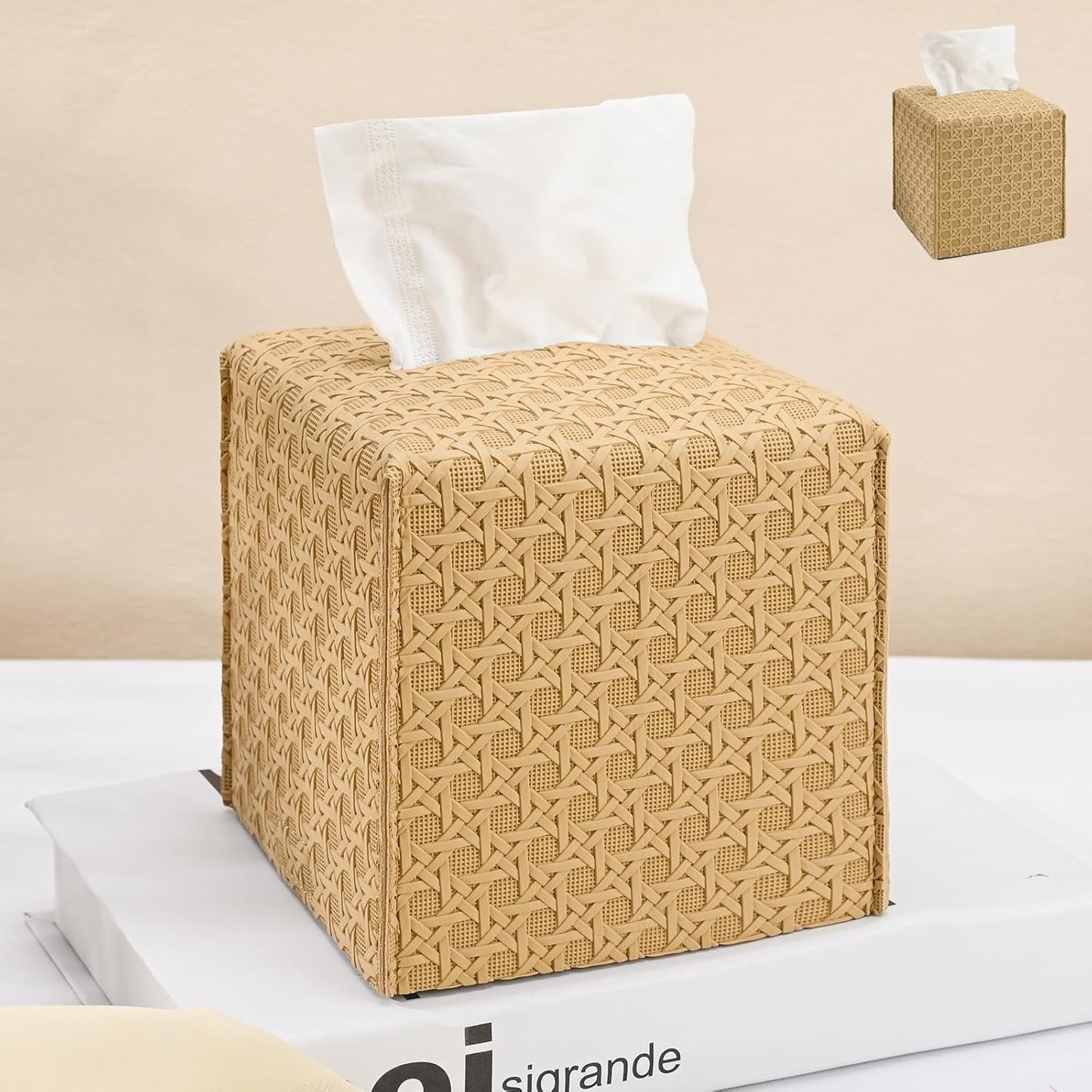 HOMOTEK 2 Pack Tissue Box Cover, Square PU Leather Tissue Holder, Decorative Facial Tissue Cube Paper Organizer Dispenser for Bathroom, Night Stands, Desk, Car 5X5X5'' - Rattan Weave,Camel