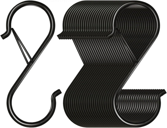 48 Pack S Hooks for Hanging, 3.5 inch Heavy Duty Metal S Hooks with Safety Buckle S Shaped Hooks Pot Rack Closet Hooks for Hanging Plants, Clothes, Kitchen Utensil, Pots, Pans, Bags (Black)