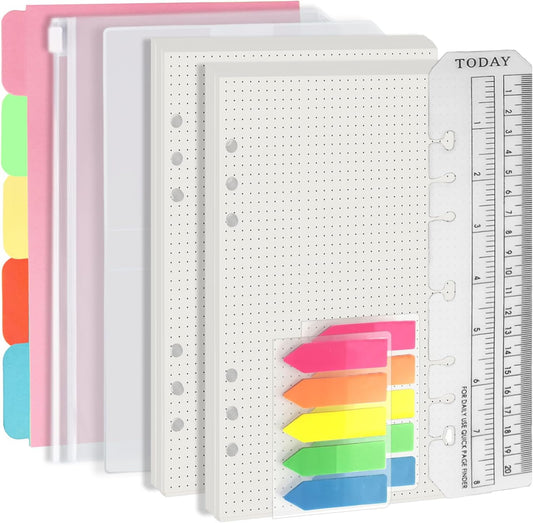 A5 6 Holes Binder Refill Value Set, 90 Sheets Dotted Planner Insert, 5 Sheets Binder Divider Paper, Today Bookmark Ruler With Inch Scale, Translucent Zippered Bag, Pvc Card Bag, 160Pcs Colorful Index