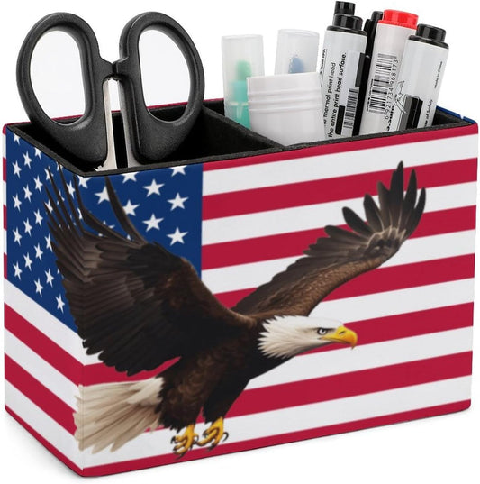 American Flag Eagles Lether Pen Holder for Desk Makeup Brush Holder Office Organizer Desk Accessory for School Office
