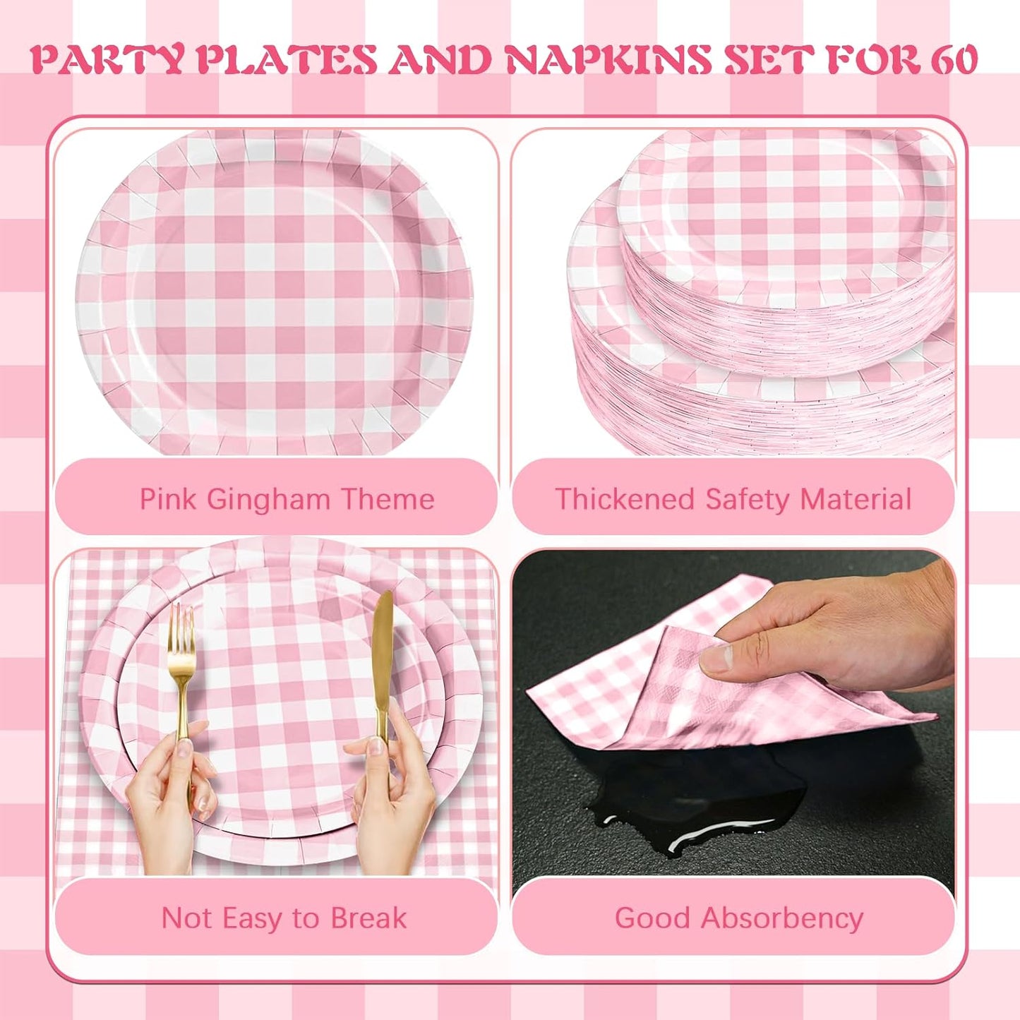 180Pcs Pink Gingham Party Supplies Paper Plates and Napkins Serve 60 Disposable Tableware Set for Birthday Party Decorations Game Day Family School Holiday Sports Events