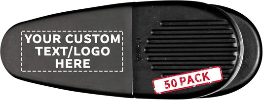 50 Magnetic Memo Holders Set - Customizable Text, Logo - Large Clip, Plastic - Black