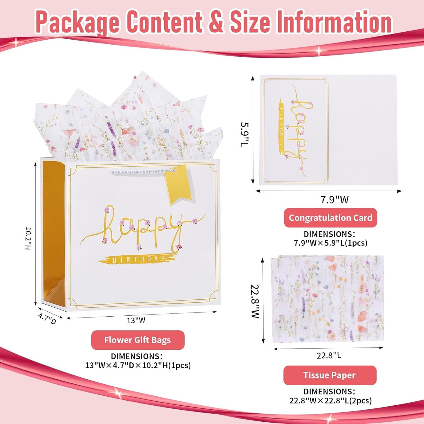 13" White Happy Birthday Gift Bag with Tissue Paper and Greeting Card for Party,Happy Birthday Gift Bag for Men and Women, Gift Bags Medium size (1 Pcs Hot Stamping)
