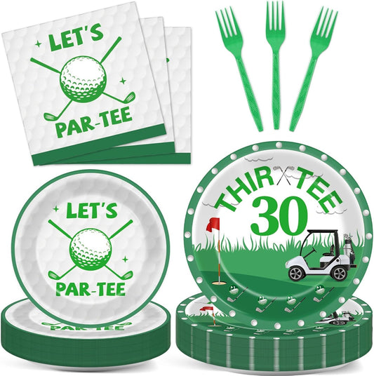 96 Pcs Golf 30th Birthday Party Decorations Golf Theme Tableware Set Golf Thir-Tee Plates Napkins Forks for Let's Par-Tee Men Women Birthday Dinnerware Green Sports Party Supplies 24 Guests
