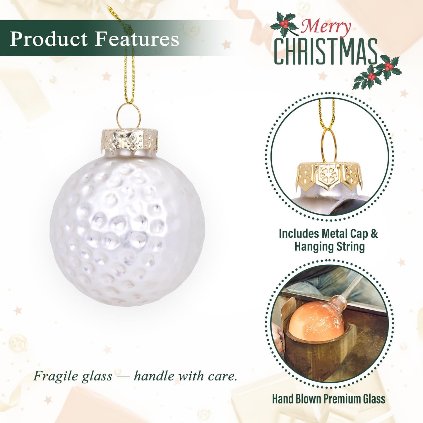 1.97” Christmas Golf Ball Glass Blown Ornament, 2025 Hand-Painted Sports Ball Decoration for Xmas Tree Holiday Decor Gifts